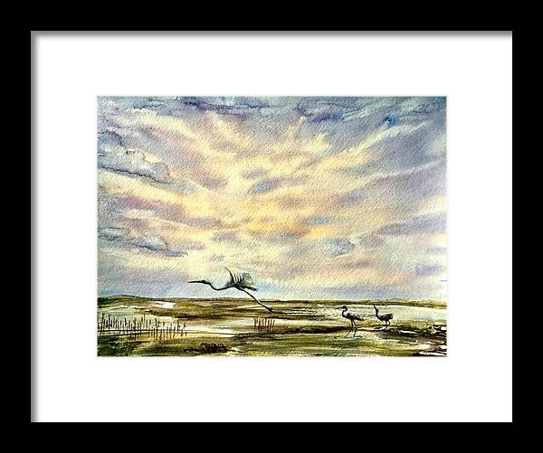 White Heron Framed Print featuring the painting Flight by Katerina Kovatcheva