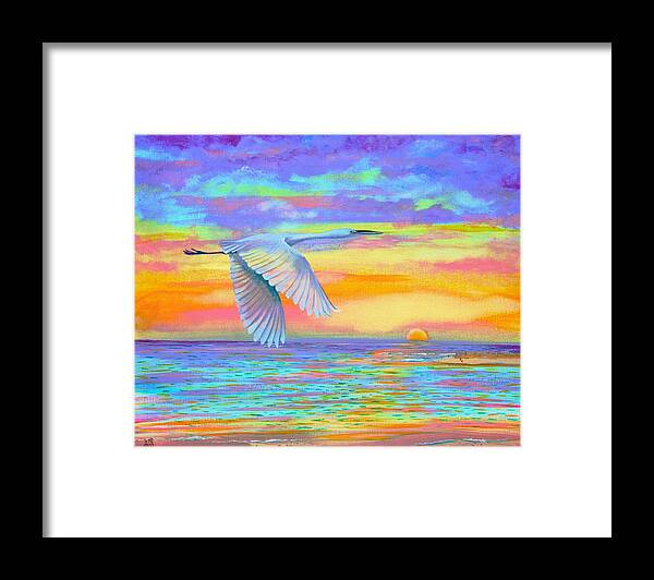 Sunrise Colors Egret Flying Over Ocean Framed Print featuring the painting Flight Of Color by Virginia Bond
