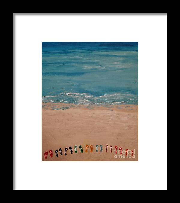 A-fine-art-painting-abstract Framed Print featuring the painting Flip Flops on the Beach by Catalina Walker