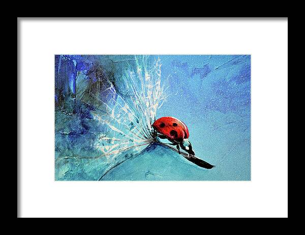 Ladybug Framed Print featuring the painting FLIRT - Ladybug on Dandelion Seed Painting by Soos Roxana Gabriela Art Print by Soos Roxana Gabriela