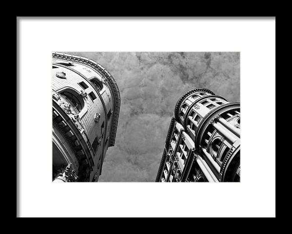 City Framed Print featuring the photograph Flood Building and Bank Building - San Francisco - Angled View - Black and White by Matt Quest