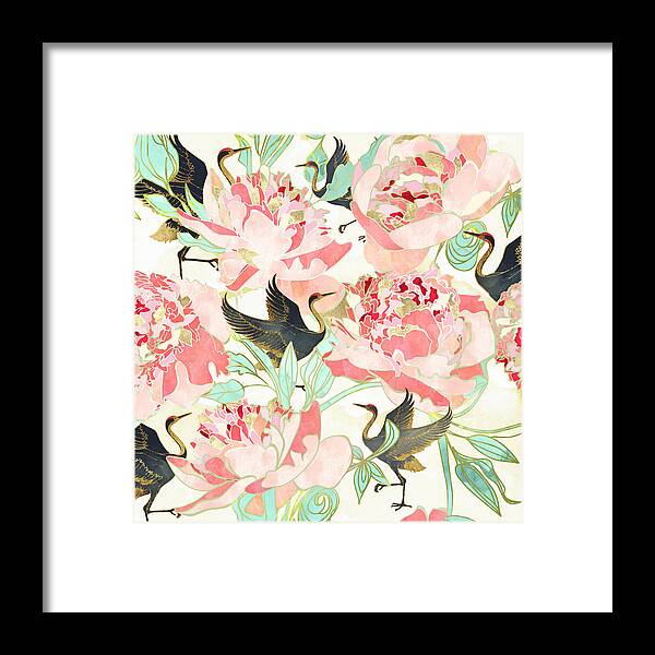 Floral Framed Print featuring the digital art Floral Cranes by Spacefrog Designs