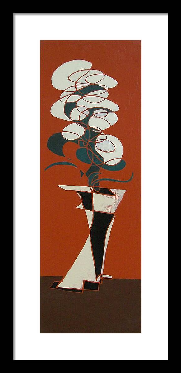 Abstract Framed Print featuring the painting Floral on Red by John Gibbs