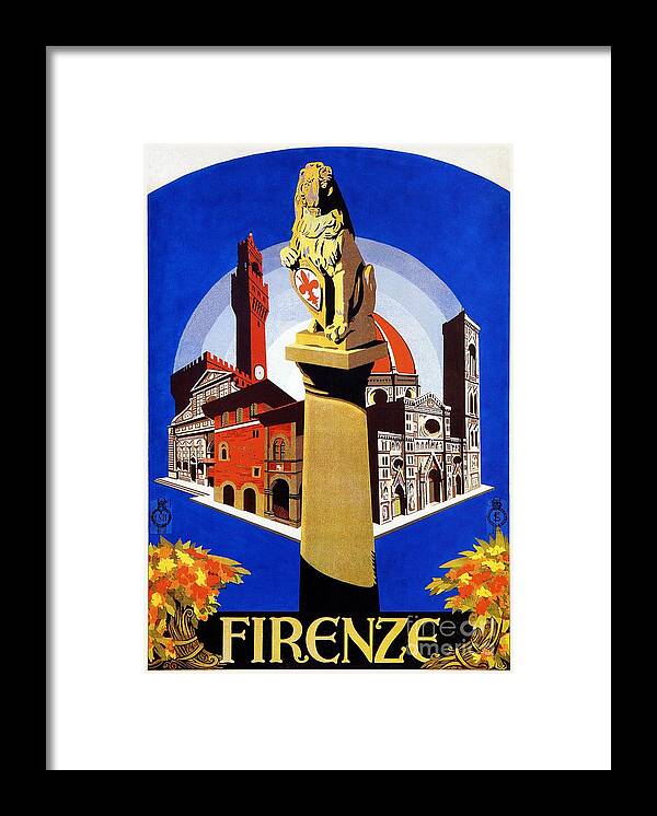 Italy Framed Print featuring the digital art Florence Firenze 1920s Italian travel ad lion column by Heidi De Leeuw