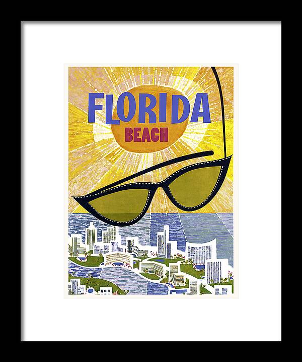 Florida Beach Framed Print featuring the painting Florida beach, shiny sun through sunglasses by Long Shot