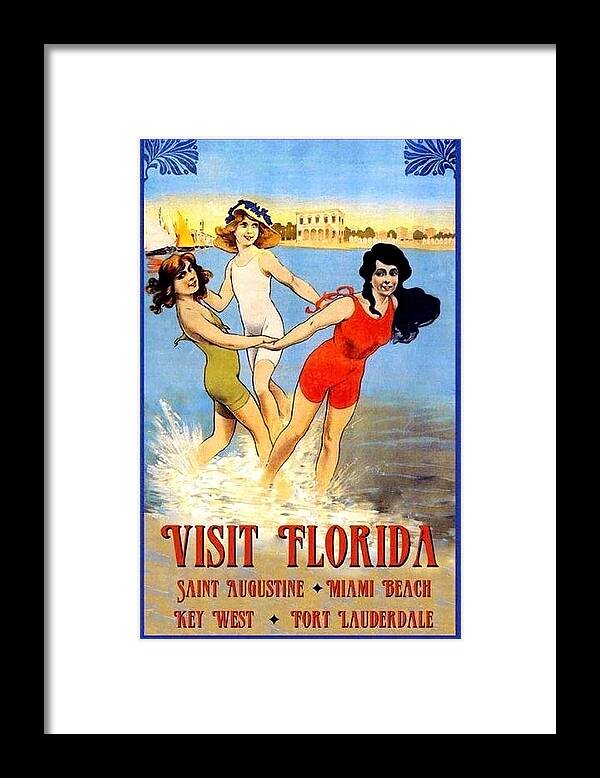Florida Framed Print featuring the painting Florida, Miami beach, three women play in the water by Long Shot