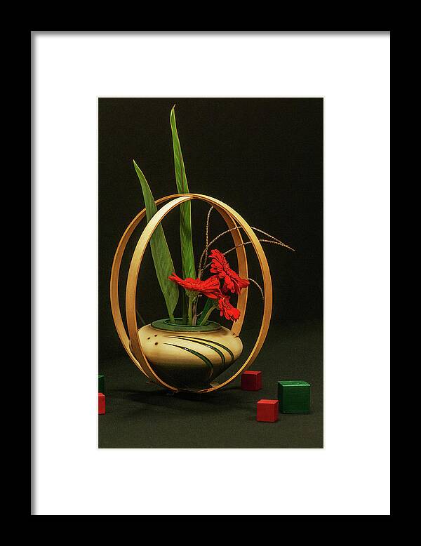 Japan Japanese Ikebana Red Leaves Wood Circles Blocks Framed Print featuring the photograph Flow ikebana by Carolyn D'Alessandro