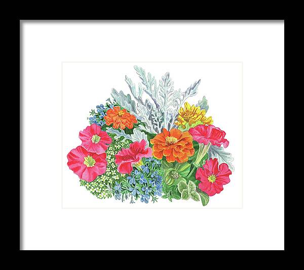 Flowers Framed Print featuring the painting Flower Arrangement With Petunia Marigold And Sweet Allysum by Irina Sztukowski