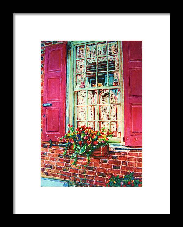 Flower Box Framed Print featuring the painting Flower Box And Pink Shutters by Carole Spandau