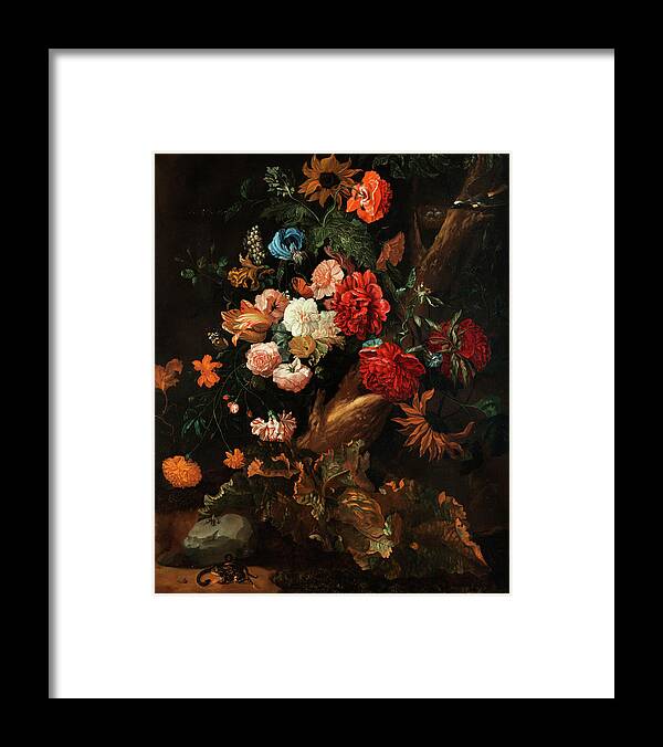Fruits Framed Print featuring the painting FLOWER PLOT WITH Gelbbauchunke AND SNAKE by Ernst Stuven