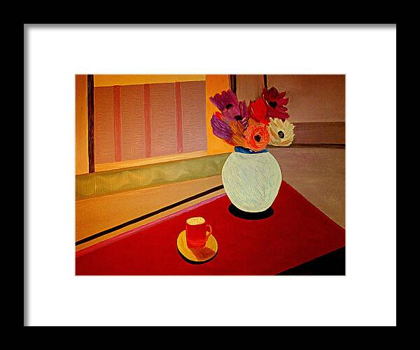 Still Life Flowers Vases Coffee Espresso Cups Windows Shutters Contemporary Post Impressionist Red Violet Blue Green Framed Print featuring the painting Flowers for Tuesday by Bill OConnor