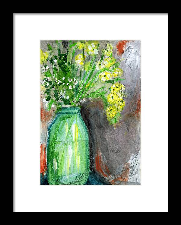Flowers Framed Print featuring the painting Flowers In A Green Jar- Art by Linda Woods by Linda Woods