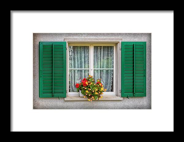 Austria Framed Print featuring the photograph Flowers in the Window With the Green Shutters by Debra and Dave Vanderlaan