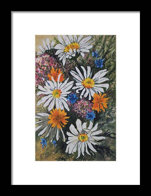 Floral Garden Flowers Bright Sunny Arrangements Fresh Cut Boquet Daisy Calendula Batchelor Buttons Framed Print featuring the painting Flowers by Lynne Haines