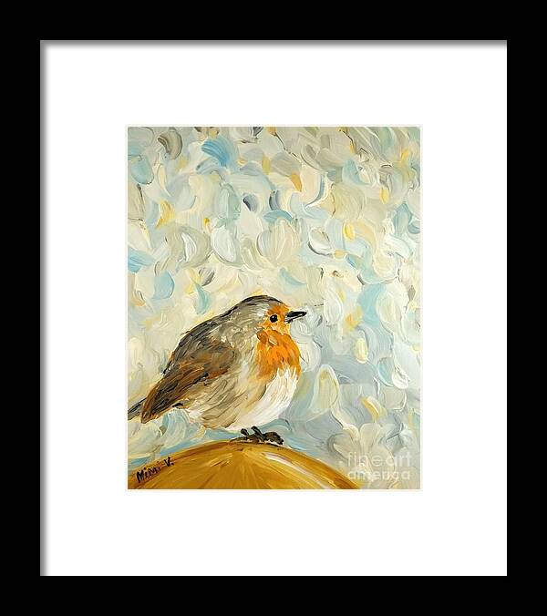 Impressionism Framed Print featuring the painting Fluffy Bird in Snow by Maria Langgle