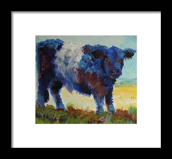 Belted Galloway Cow Framed Print featuring the painting Fluffy Shaggy Belted Galloway Cow - Cow with a white stripe by Mike Jory