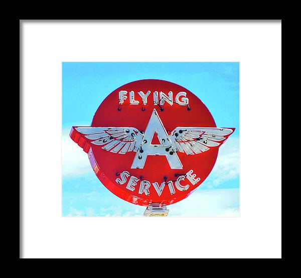 Flying A Service Sign On Top Of Gas Station Framed Print featuring the photograph Flying A Service Sign by Joan Reese