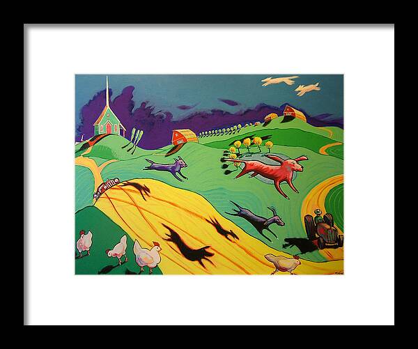 Story Landscape Dogs Framed Print featuring the painting Flying Dog Farm by Robert Tarr