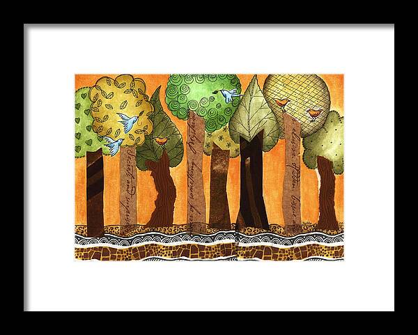Trees Framed Print featuring the painting Flying in the forest by Graciela Bello