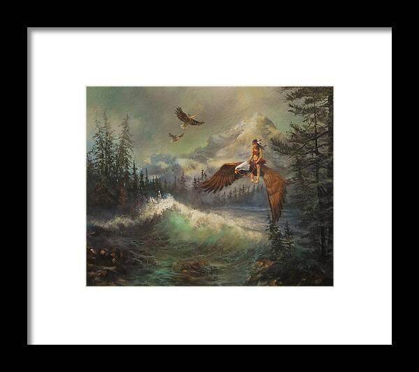 ; People Flying On Eagles Framed Print featuring the painting Flying On Eagles by Tom Shropshire