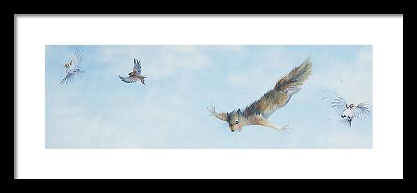 Squirrel Freefall Flying Falling Birds Cartoon Happy Anthropomorphic Animals Sky Wildlife Nature Framed Print featuring the painting Flying Squirrel by Beth Davies
