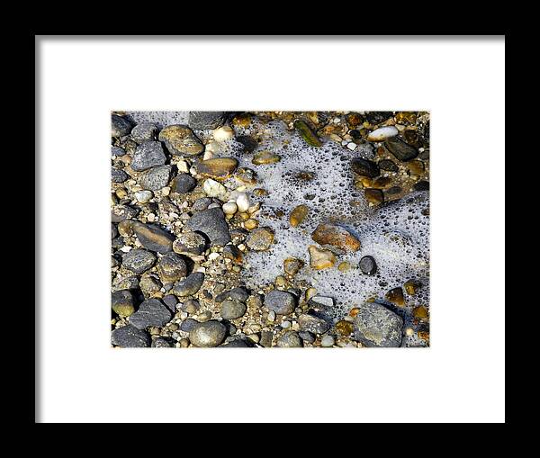 Shells Framed Print featuring the photograph Foam and Pebbles in Autumn Light by Lynda Lehmann