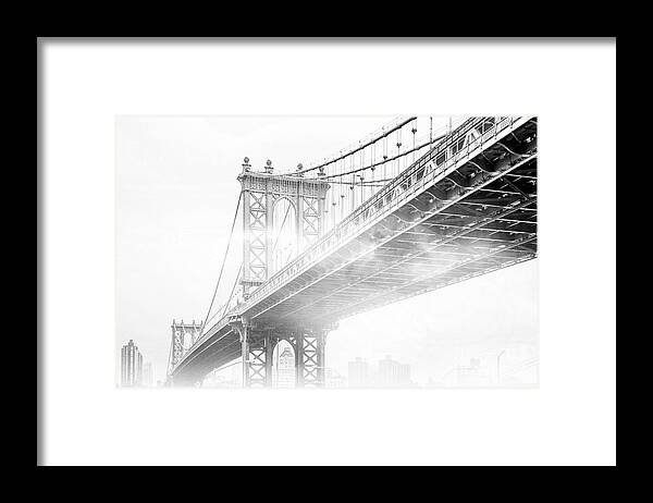 Manhattan Bridge Framed Print featuring the photograph Fog Under The Manhattan BW by Az Jackson
