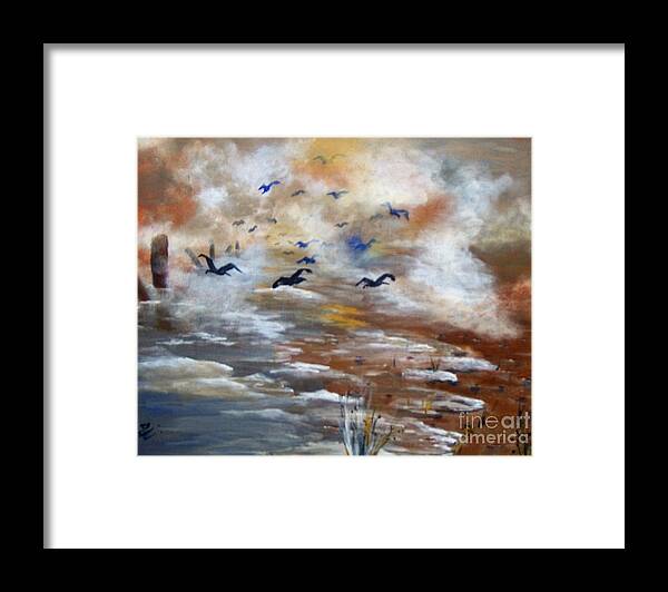 Birds Framed Print featuring the painting Foggy Beach by Saundra Johnson