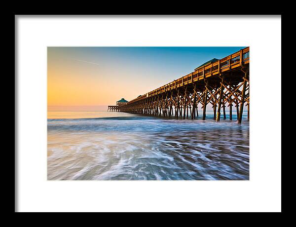 Folly Beach Framed Print featuring the photograph Folly Beach Pier Charleston SC Coast Atlantic Ocean Pastel Sunrise by Dave Allen