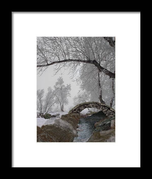 Snowy Framed Print featuring the digital art Footbridge Over the Creek by Julie Rodriguez Jones