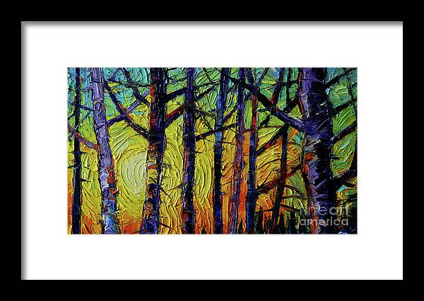 Layer Framed Print featuring the painting Forest layers 1 - modern impressionist palette knives oil painting by Mona Edulesco