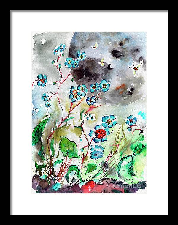 Botanical Framed Print featuring the painting Forget Me Not and Super Moon Watercolor by Ginette Callaway