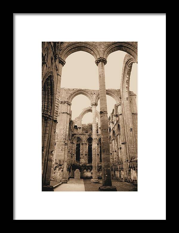Fountains Fountain Abbey England Sepia Old Medieval Middle Ages Church Monastery Nun Nuns Architecture York Yorkshire Monasteries Aldfield Ruins Saint Century Black Death Claustral Building Cistercian Granges Cathedral Cloister Feudal Framed Print featuring the photograph Fountains Abbey #52 by Raymond Magnani