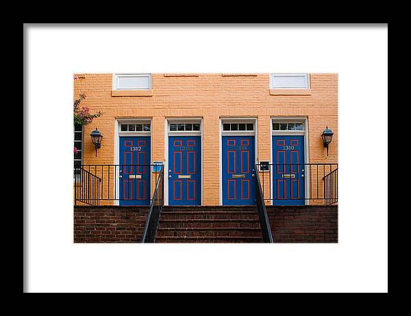 Architecture Framed Print featuring the photograph Four Blue Doors by Monte Stevens