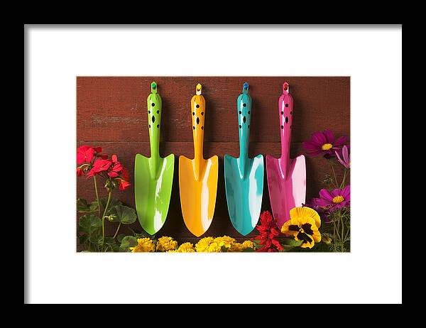Trowel Framed Print featuring the photograph Four colored trowels by Garry Gay