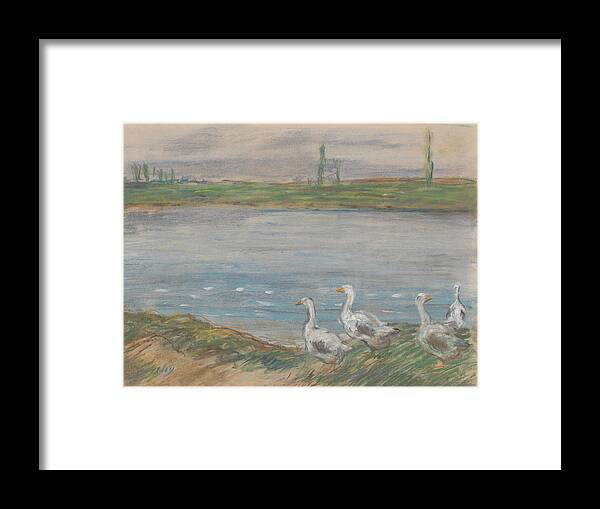 19th Century Art Framed Print featuring the pastel Four Geese By a Pond by Alfred Sisley