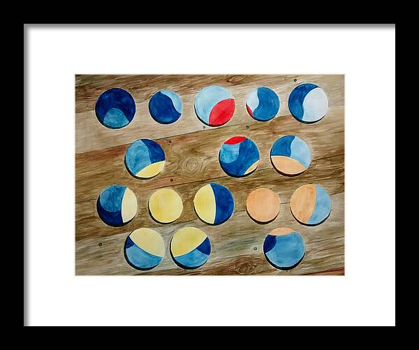 Circles Framed Print featuring the painting Four Rows of Circles on Wood by Andrew Gillette
