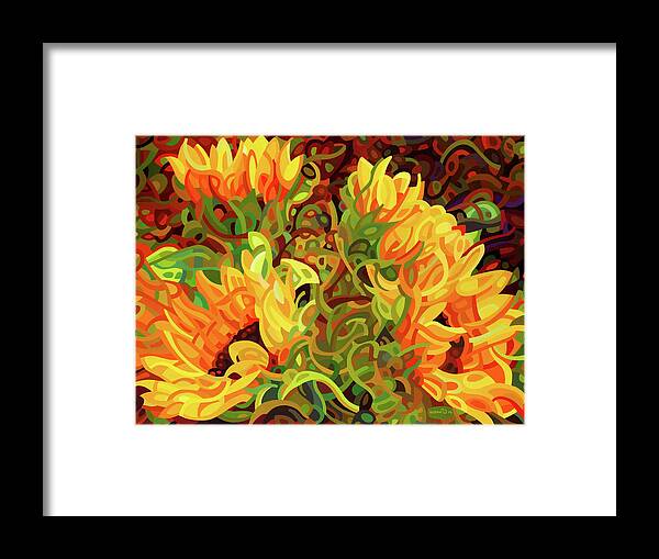 Fine Art Framed Print featuring the painting Four Sunflowers by Mandy Budan