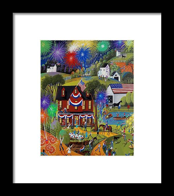 Farm Framed Print featuring the painting Fourth Of July - Fireworks on the farm by Debbie Criswell