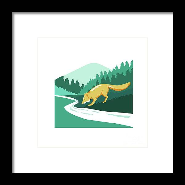 Fox Framed Print featuring the digital art Fox Drinking River Creek Woods Square Retro by Aloysius Patrimonio