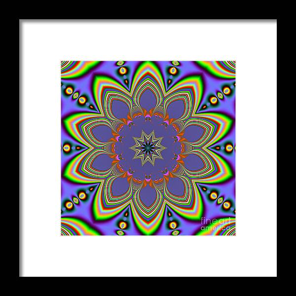 Fractals Framed Print featuring the digital art Fractalscope Flower 10 In Yellow Blue And Orange by Rose Santuci-Sofranko