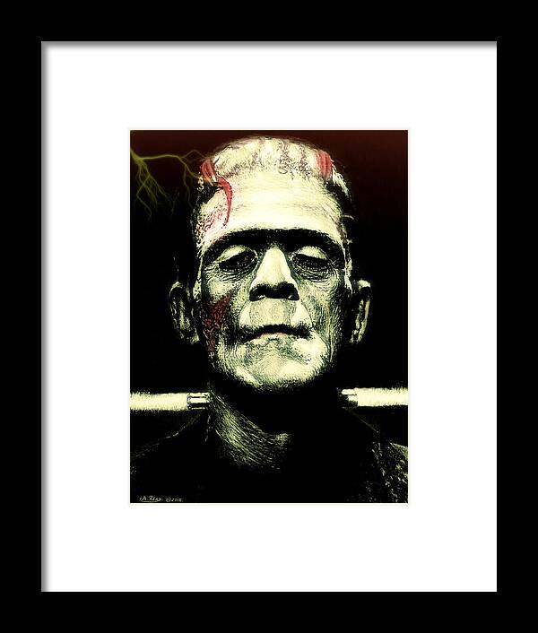 Frankenstein Framed Print featuring the drawing Frankenstein Monster lightning edit by Andrew Read