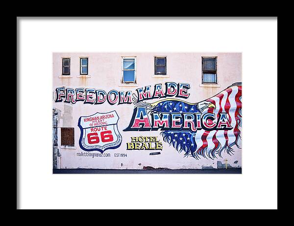 American Flag Framed Print featuring the photograph Freedom Made America - mural art on route 66 by Tatiana Travelways