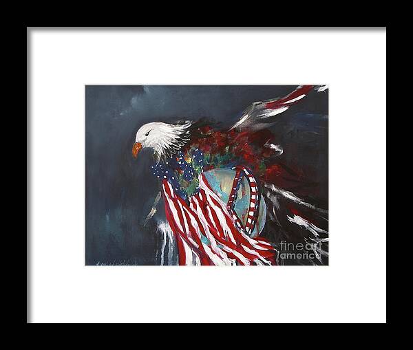 Freedom Rings Eagle American Flag Dark Red White Symbol Abstract Painting Print Peace World Earth Usa Bird Fly Wings Sky American Nation Pride Miroslaw Chelchowski American Eagle Framed Print featuring the painting Freedom Rings by Miroslaw Chelchowski