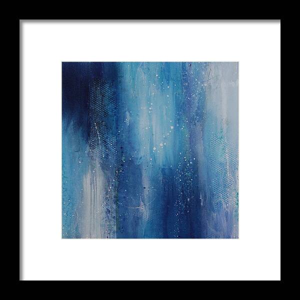 Mixed Media Abstract Textured Contemporary Acrylic Painting On Canvas In Blues Framed Print featuring the painting Freezing Rain #1 by Lauren Petit