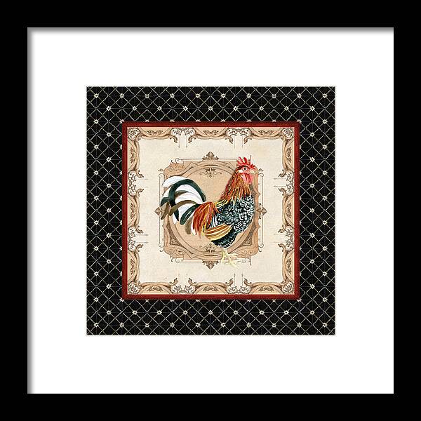Etched Framed Print featuring the painting French Country Roosters Quartet Black 1 by Audrey Jeanne Roberts