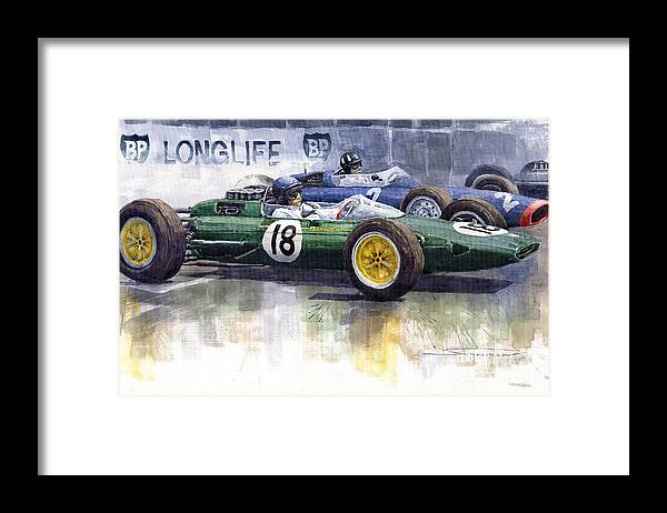 Watercolour Framed Print featuring the painting French GP 1963 Start Lotus vs BRM by Yuriy Shevchuk