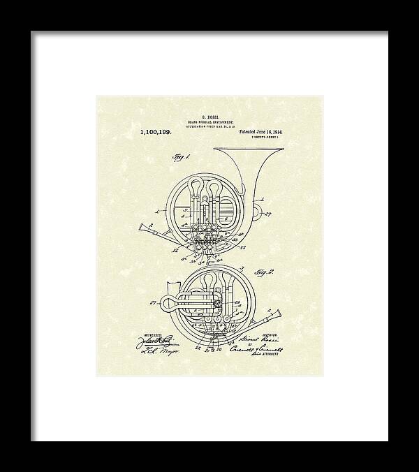 Music Framed Print featuring the drawing French Horn Musical Instrument 1914 Patent by Prior Art Design