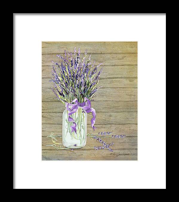 Watercolor Framed Print featuring the painting French Lavender Rustic Country Mason Jar Bouquet on Wooden Fence by Audrey Jeanne Roberts