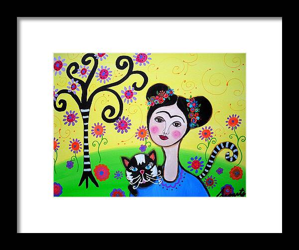 Prisarts Framed Print featuring the painting Frida With Her Cat by Pristine Cartera Turkus